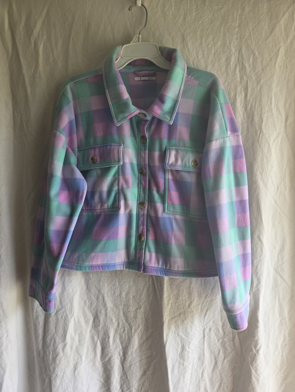 O'Neill Fleece Jacket Womens Medium Cropped Boxy Plaid Cozy Button Up Outdoor